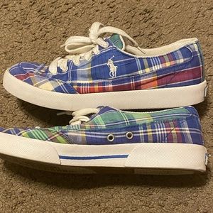 Polo Ralph Lauren Men’s Lace-Up Brisbane Blue Red Green Plaid Boat Shoes Size 8